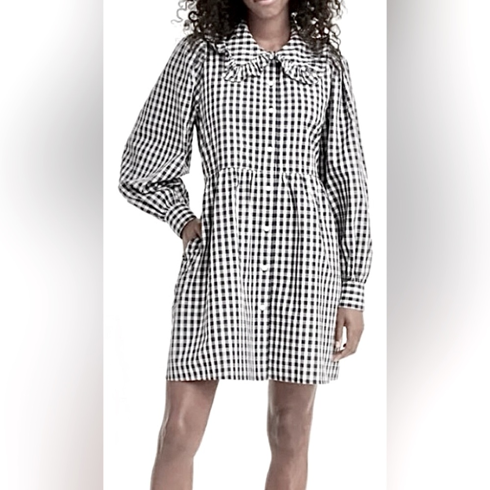 Levi’s Shirt Style Mini Dress Cotton Blue & White Plaid Ballon Sleeves Size S
